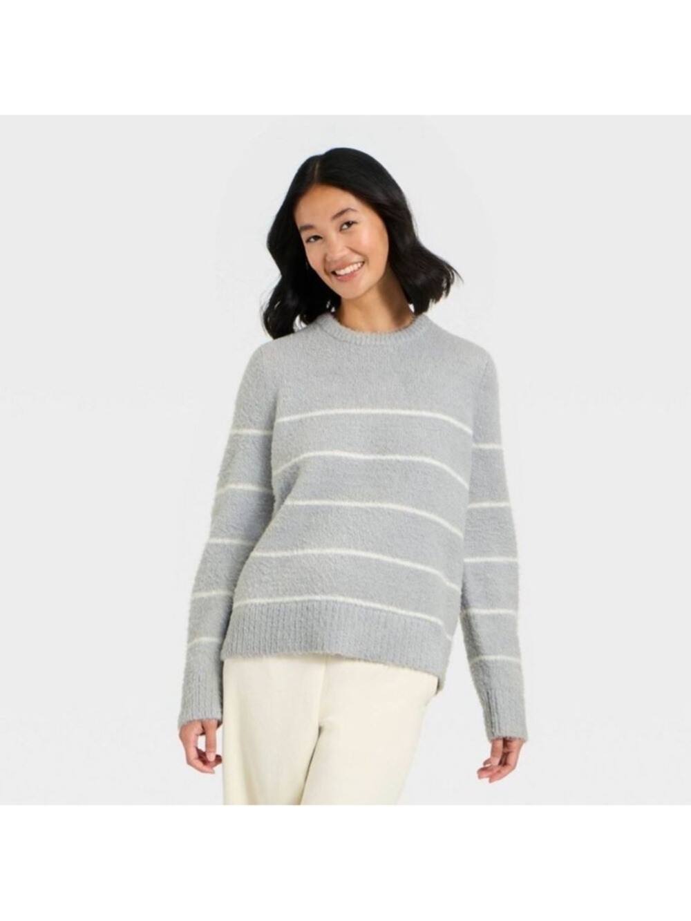 a new day Light Gray Striped Crewneck Sweater